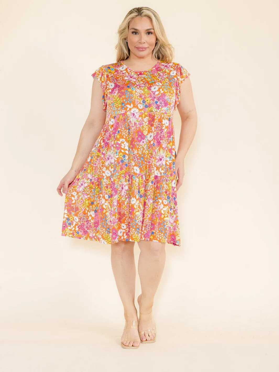 PLUS SIZE RUFFLE SLEEVE FLORAL PRINT TUNIC HIGH-LOW FRONT POCKETS MINI DRESS