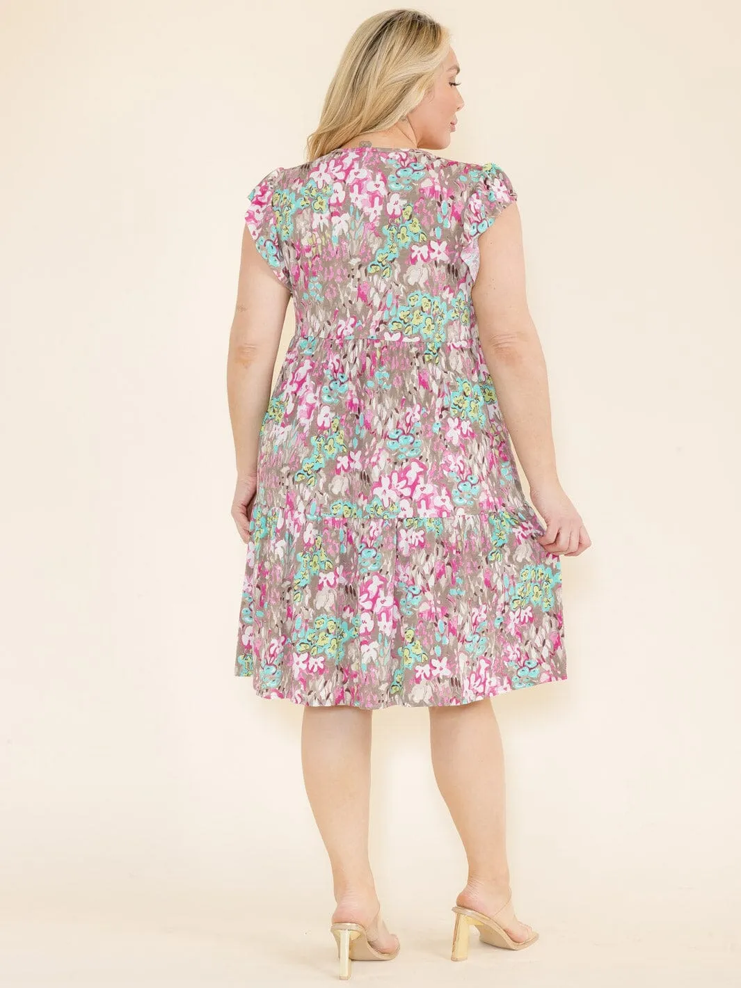PLUS SIZE RUFFLE SLEEVE FLORAL PRINT TUNIC HIGH-LOW FRONT POCKETS MINI DRESS