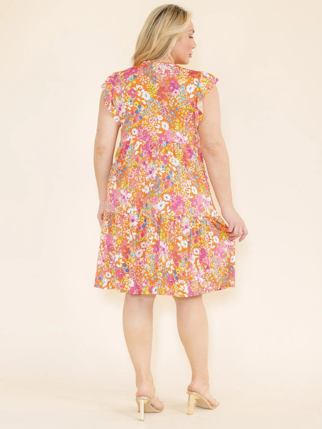 PLUS SIZE RUFFLE SLEEVE FLORAL PRINT TUNIC HIGH-LOW FRONT POCKETS MINI DRESS