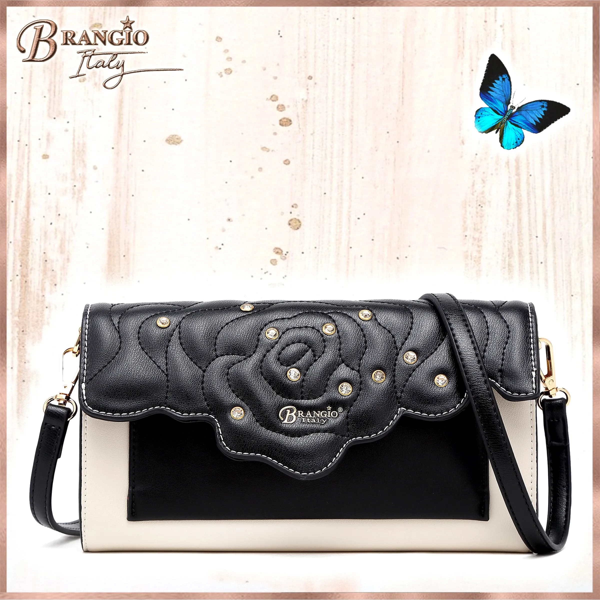 Rosette 3d Crystal Vegan Leather Mini Crossbody Clutch [RAS8526]
