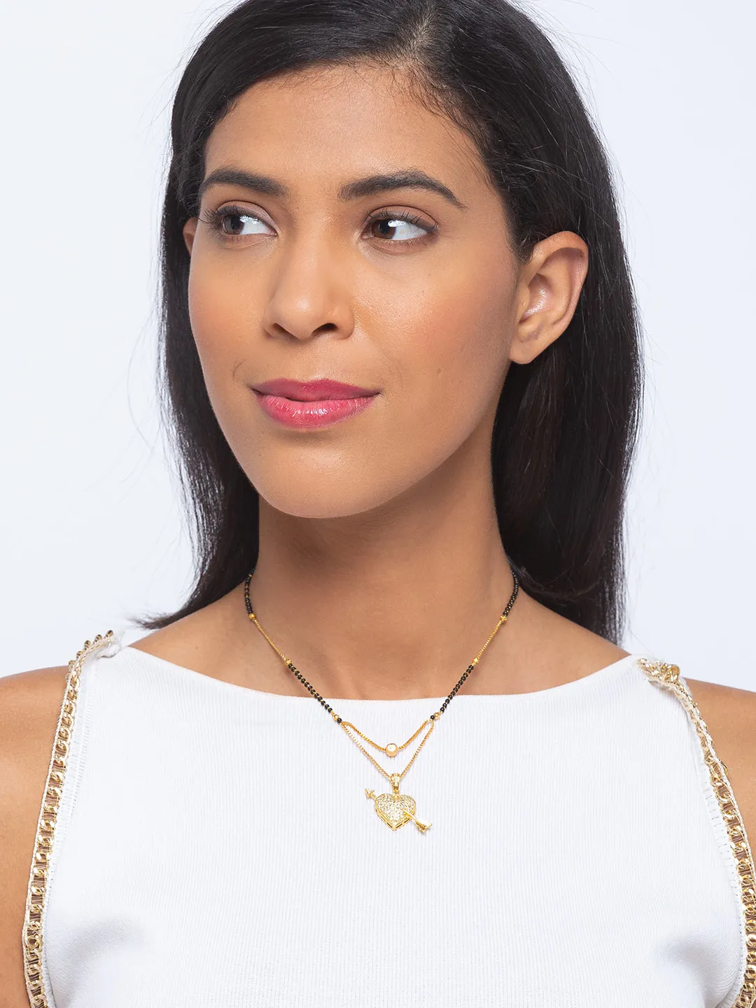 Short Mangalsutra Designs Gold Plated  Gift Latest Diamond Heart with Arrow Pendant Cubiz Zirconia Personalized Pendant For Wife Couples (18 Inches)
