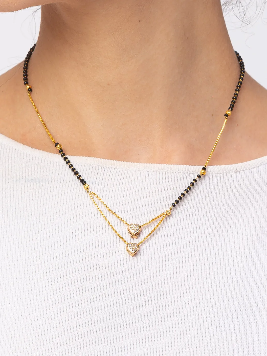 Short Mangalsutra Designs Gold Plated Heart Shape American Diamond Pendant Black Beads मंगलसूत्र