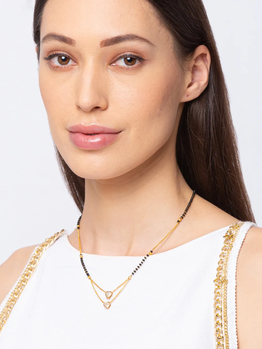 Short Mangalsutra Designs Gold Plated Heart Shape American Diamond Pendant Black Beads मंगलसूत्र