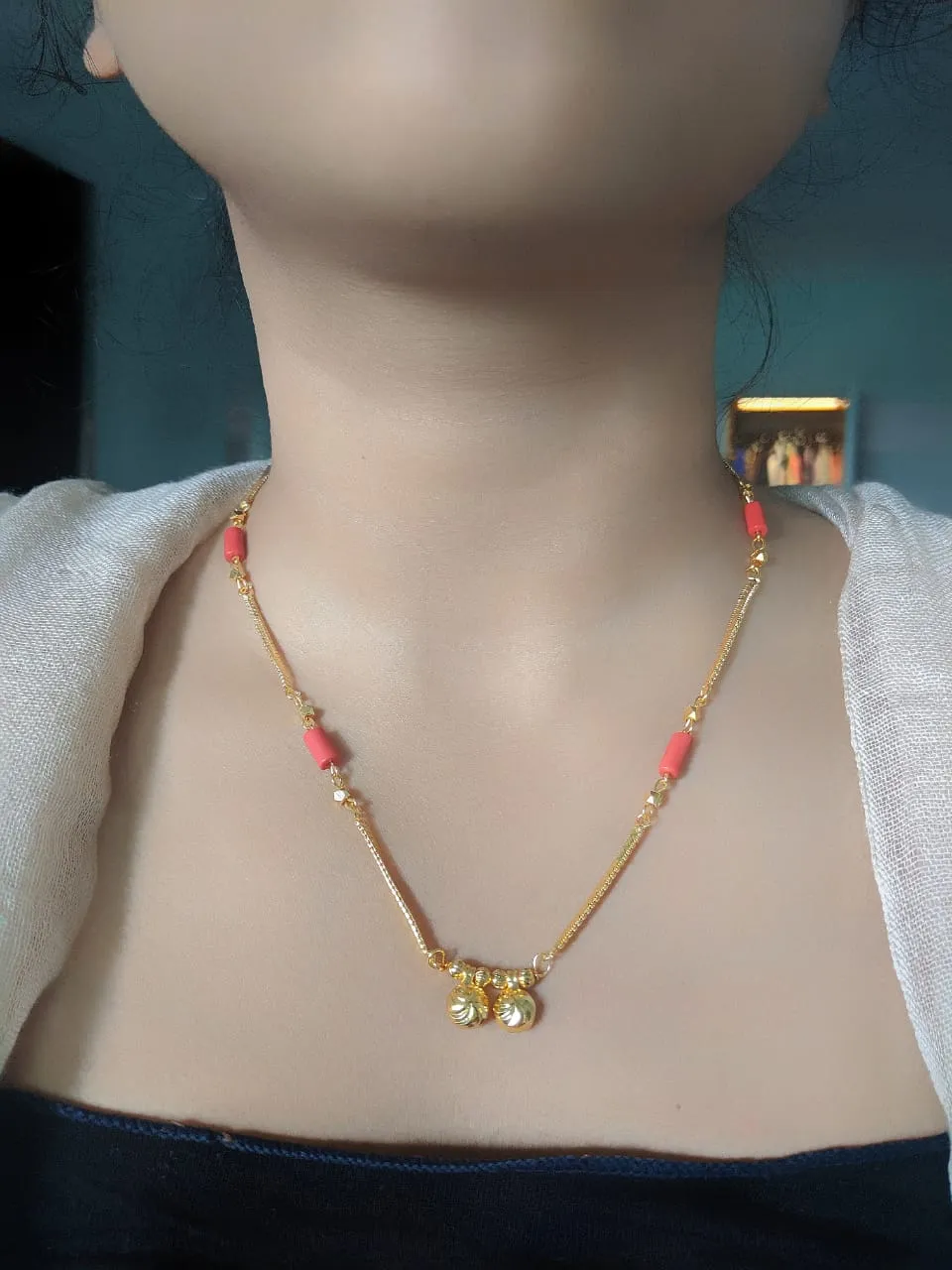 Short Mangalsutra Designs Gold Plated Latest Coral with 2 Vati Pendant Mangalsutra