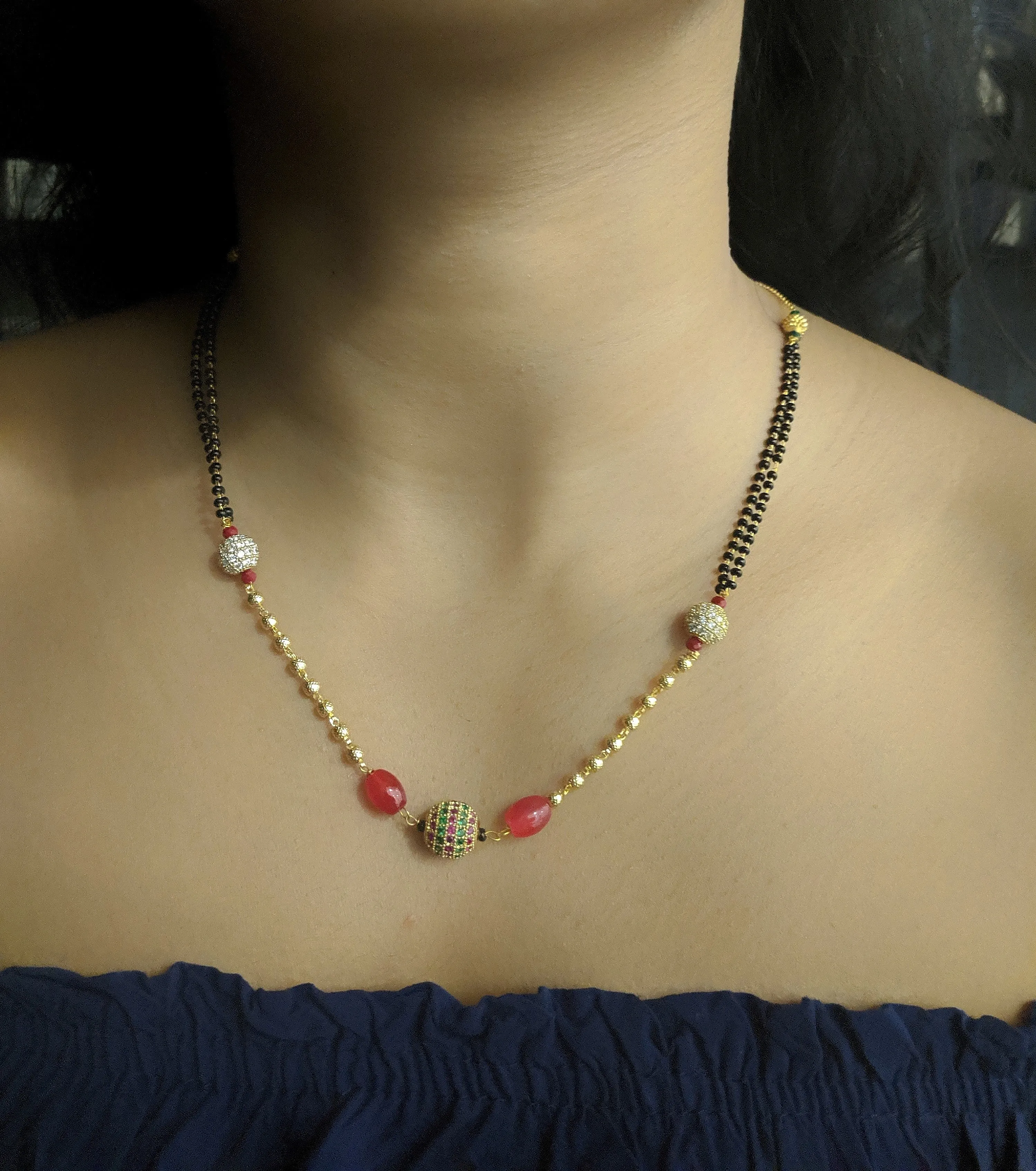 Short Mangalsutra Designs Gold Plated Latest Diamond Round Ball Red Beads Mangalsutra