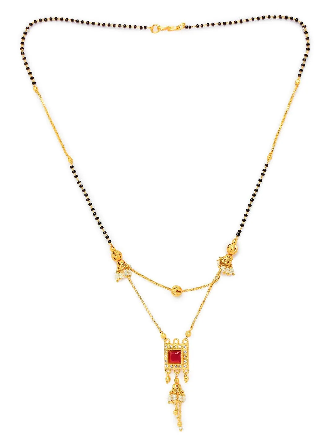 Short Mangalsutra Designs Gold Plated Latest Double Layer Square Shape Red Stone Pendant Mangalsutra