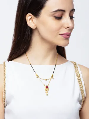 Short Mangalsutra Designs Gold Plated Latest Double Layer Square Shape Red Stone Pendant Mangalsutra