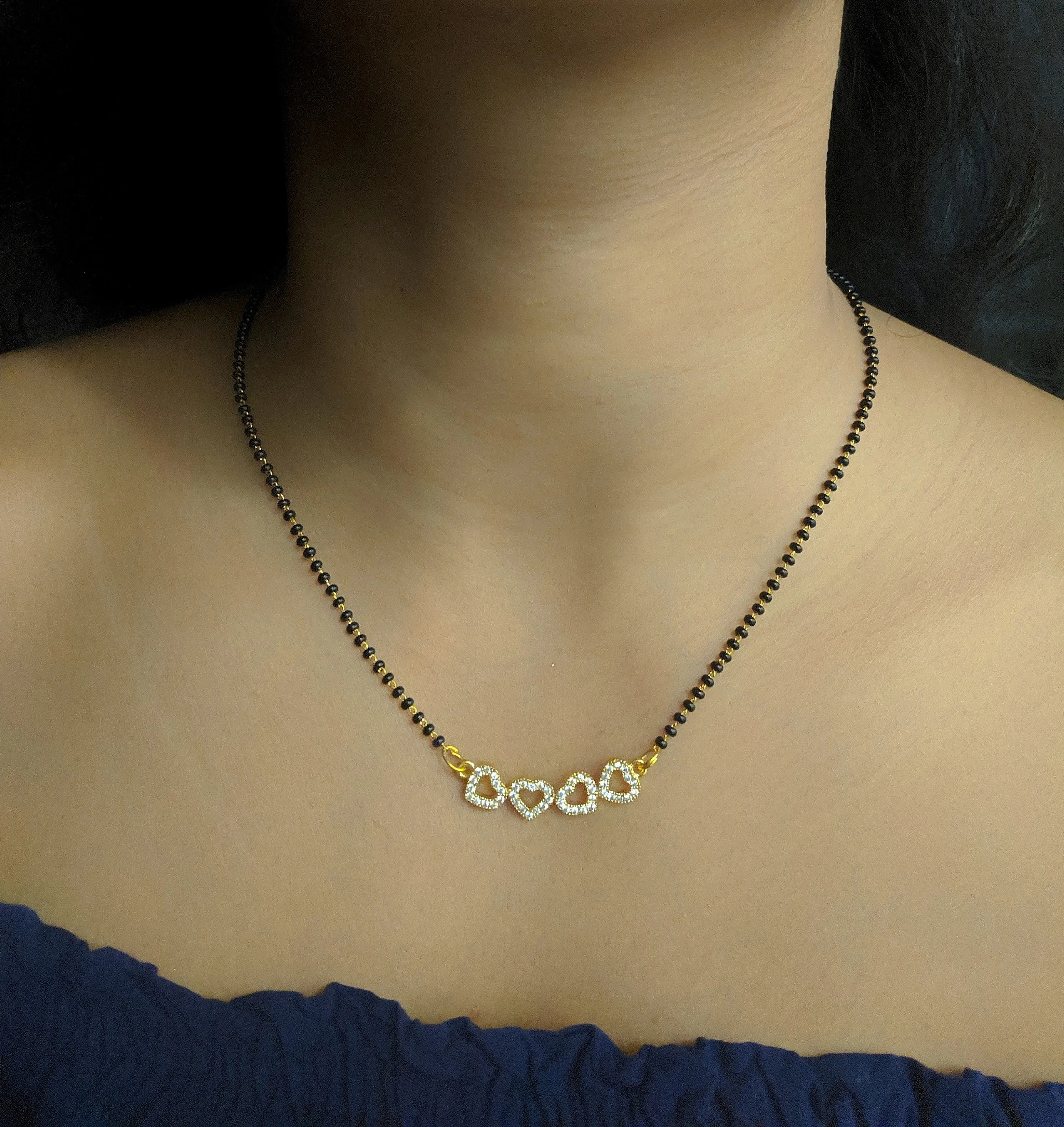 Short Mangalsutra Designs Gold Plated Latest Heart Pendant Stone 2 Layer Mangalsutra