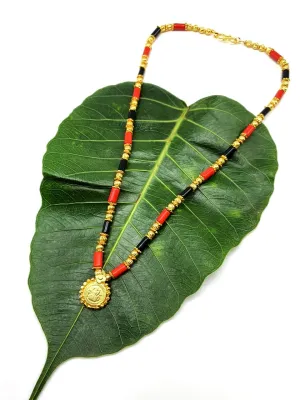 Short Mangalsutra Designs Gold Plated Latest Lakshmi (Laxmi) Coin Pendant Black Orange Beads Mangalsutra