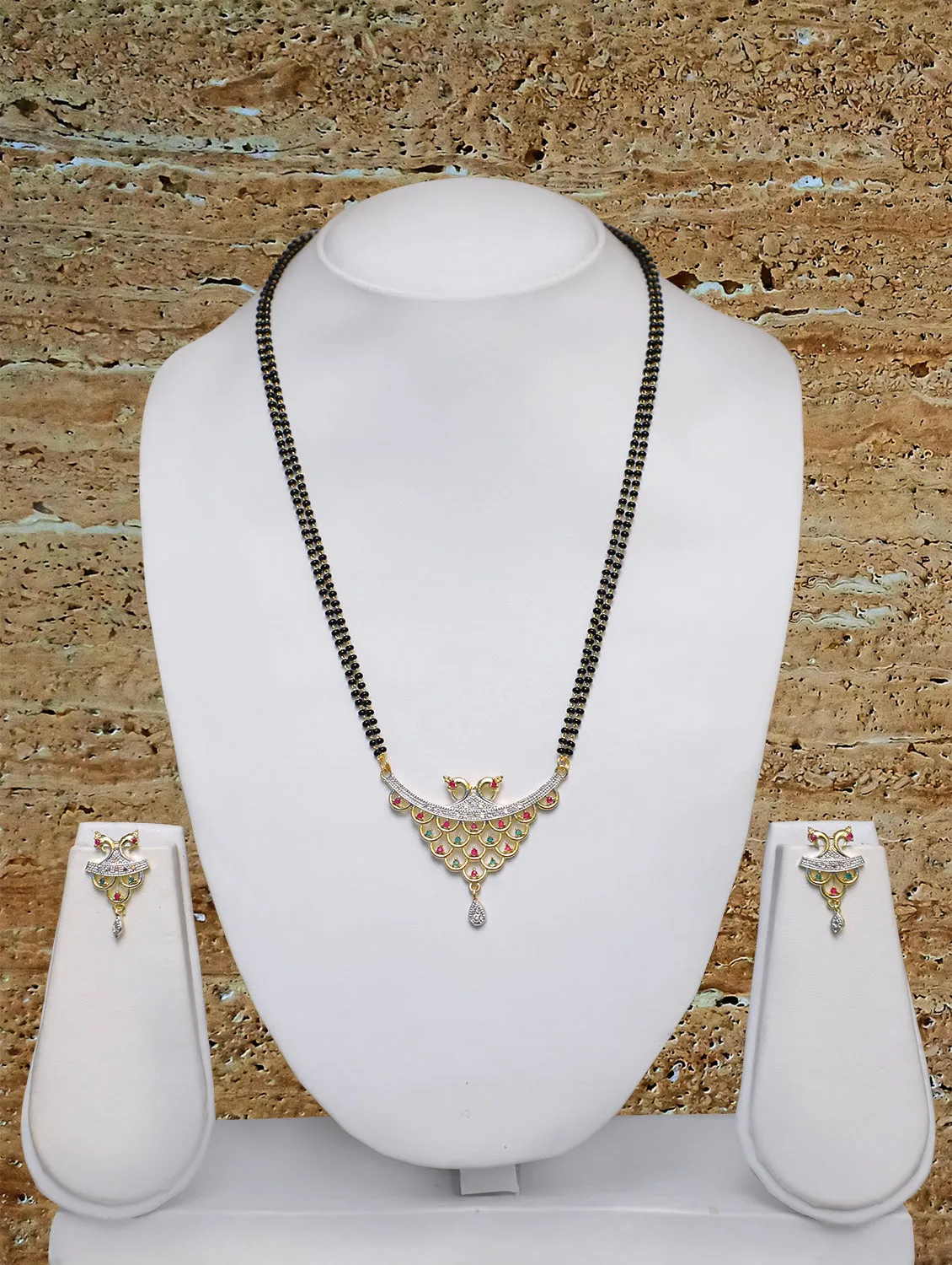 Short Mangalsutra Designs Gold Plated Latest Multi-color American Diamond Peacock Pendant 19 Inches Mangalsutra & Earrings