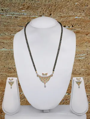 Short Mangalsutra Designs Gold Plated Latest Multi-color American Diamond Peacock Pendant 19 Inches Mangalsutra & Earrings
