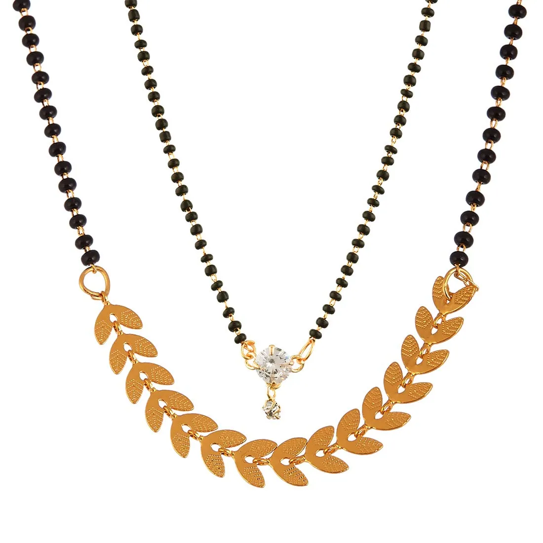 Short Mangalsutra Designs Gold Plated Latest Round American Diamond & Eila Leaf Two Mangalsutra