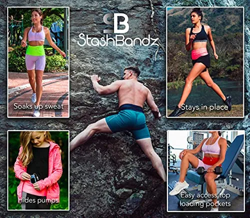 Stashbandz Unisex Running Belt Waist Pack, Travel Money Belt, Fanny Pack, 3 Large Security Pockets Plus 1 Zippered Pocket Fits Phones Passport and More, Extra Wide Spandex, USA Made