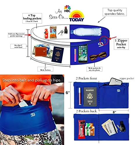 Stashbandz Unisex Running Belt Waist Pack, Travel Money Belt, Fanny Pack, 3 Large Security Pockets Plus 1 Zippered Pocket Fits Phones Passport and More, Extra Wide Spandex, USA Made