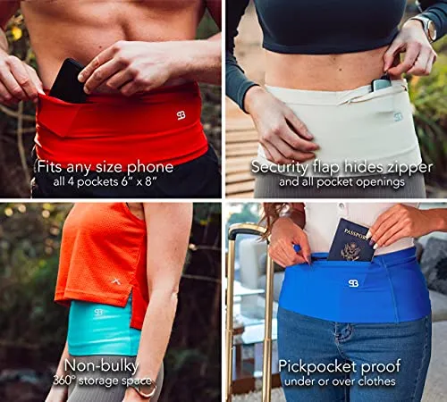 Stashbandz Unisex Running Belt Waist Pack, Travel Money Belt, Fanny Pack, 3 Large Security Pockets Plus 1 Zippered Pocket Fits Phones Passport and More, Extra Wide Spandex, USA Made