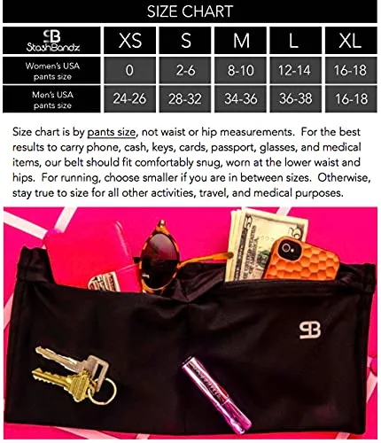 Stashbandz Unisex Running Belt Waist Pack, Travel Money Belt, Fanny Pack, 3 Large Security Pockets Plus 1 Zippered Pocket Fits Phones Passport and More, Extra Wide Spandex, USA Made