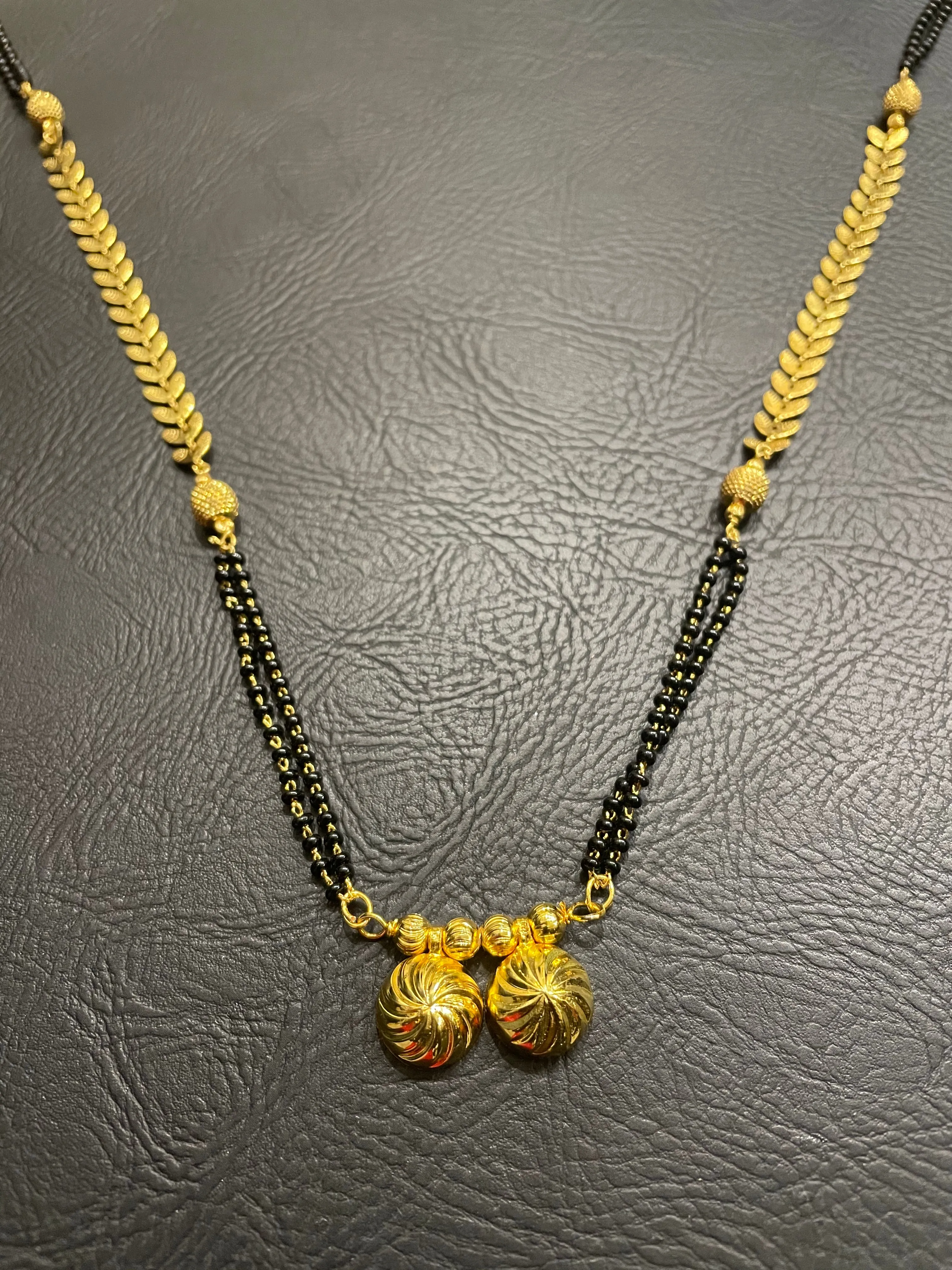 Traditional Gold Plated Long Mangalsutra Vati Pendant with Leafy Design Chain & Miniature Beads (30 Inches)