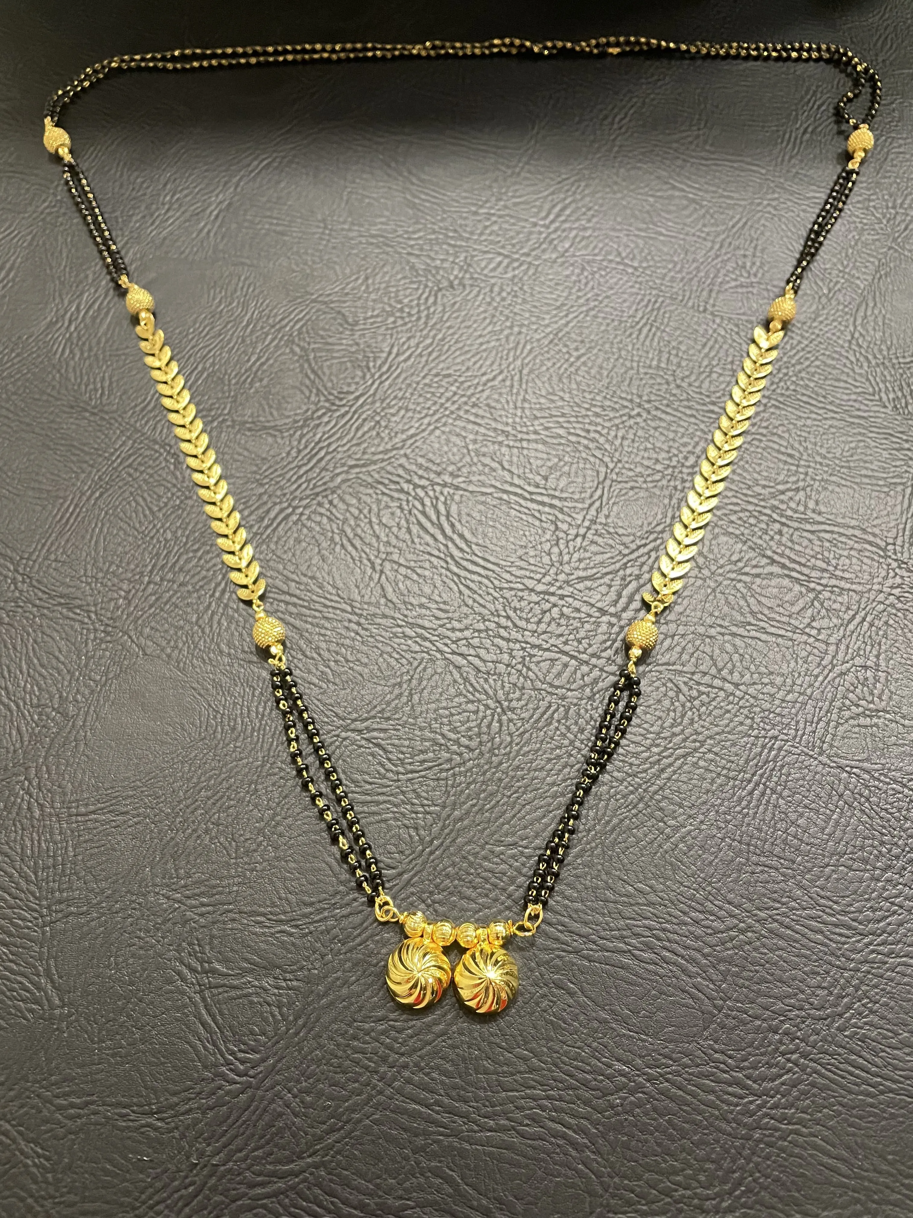 Traditional Gold Plated Long Mangalsutra Vati Pendant with Leafy Design Chain & Miniature Beads (30 Inches)