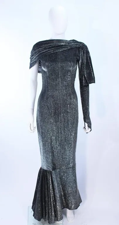 VINTAGE Black and Silver Metallic Draped Asymmetrical Gown Size 2