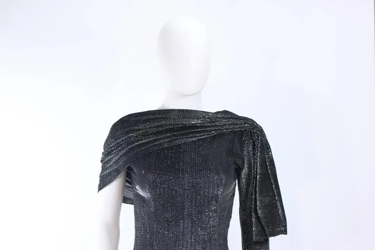 VINTAGE Black and Silver Metallic Draped Asymmetrical Gown Size 2
