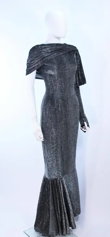 VINTAGE Black and Silver Metallic Draped Asymmetrical Gown Size 2