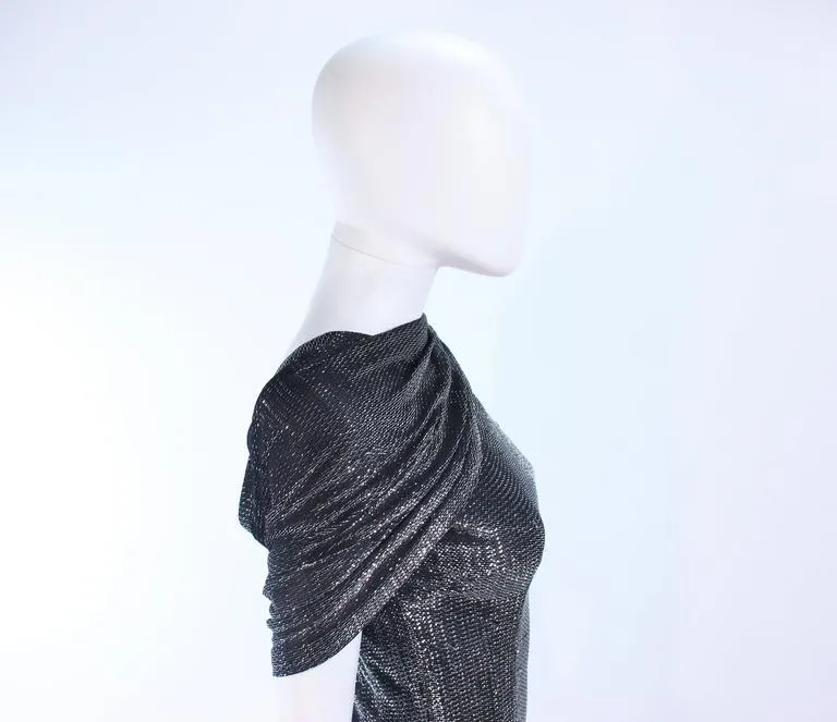 VINTAGE Black and Silver Metallic Draped Asymmetrical Gown Size 2