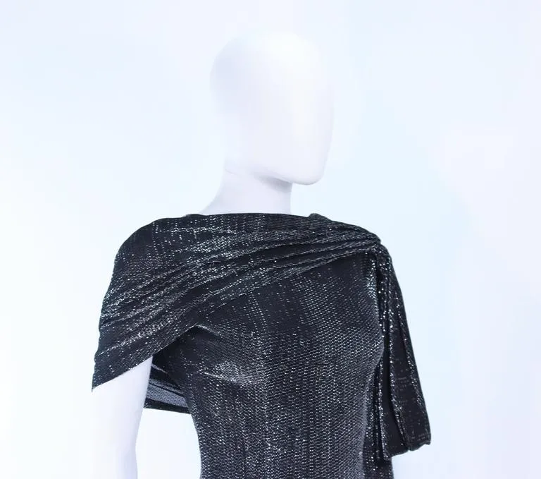 VINTAGE Black and Silver Metallic Draped Asymmetrical Gown Size 2
