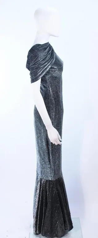 VINTAGE Black and Silver Metallic Draped Asymmetrical Gown Size 2