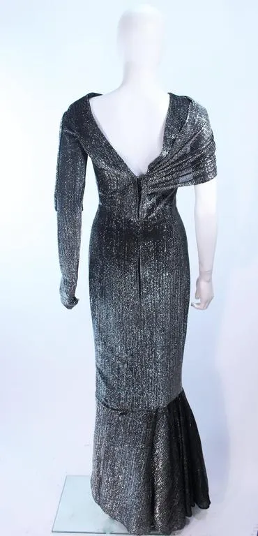 VINTAGE Black and Silver Metallic Draped Asymmetrical Gown Size 2