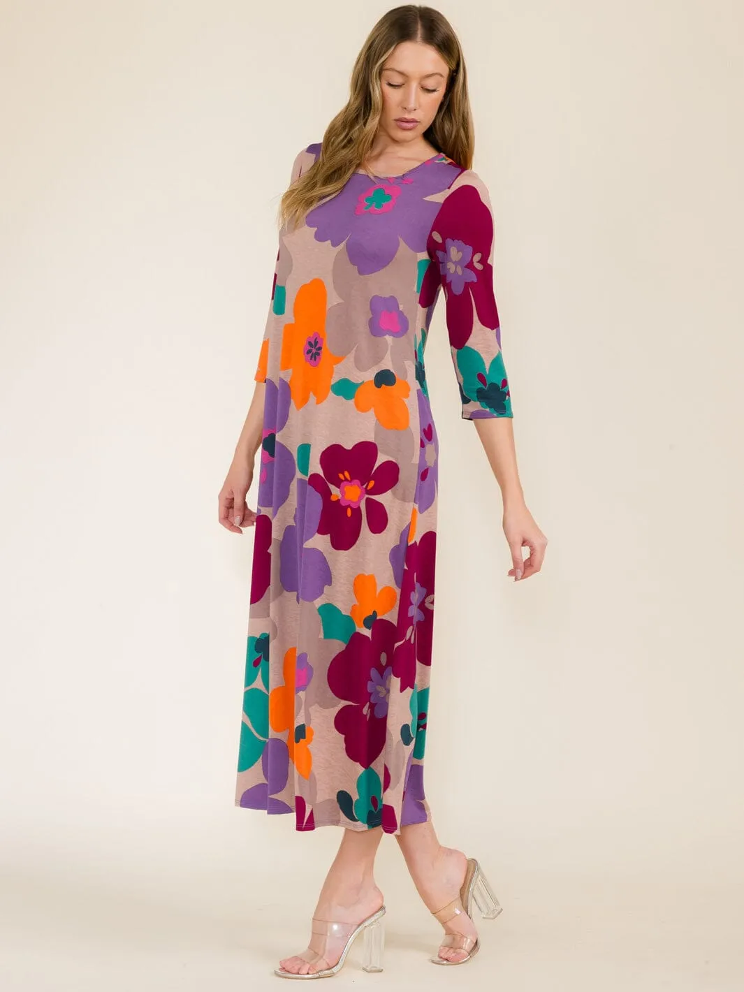 WOMEN'S 3/4 SLEEVE SQUARE NECK FRONT POCKETS FLOWER PRINT TUNIC MAXI DRESS