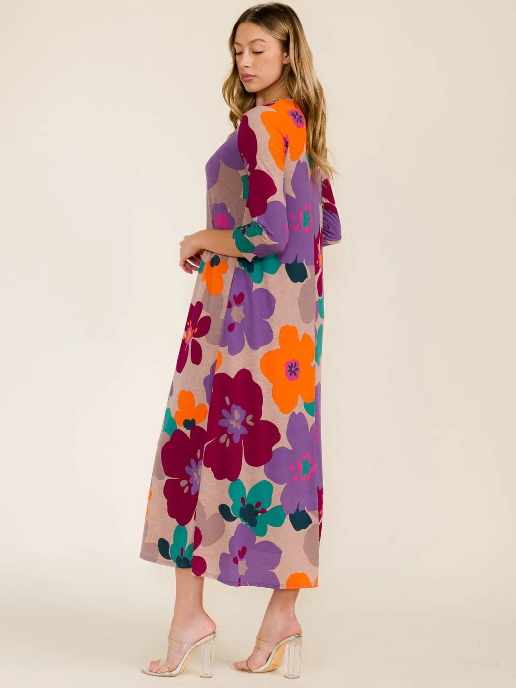 WOMEN'S 3/4 SLEEVE SQUARE NECK FRONT POCKETS FLOWER PRINT TUNIC MAXI DRESS