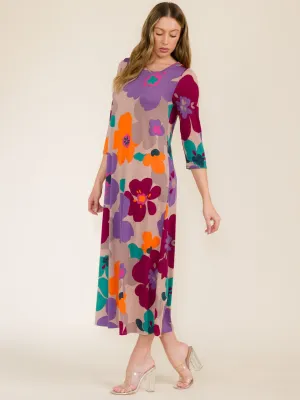 WOMEN'S 3/4 SLEEVE SQUARE NECK FRONT POCKETS FLOWER PRINT TUNIC MAXI DRESS