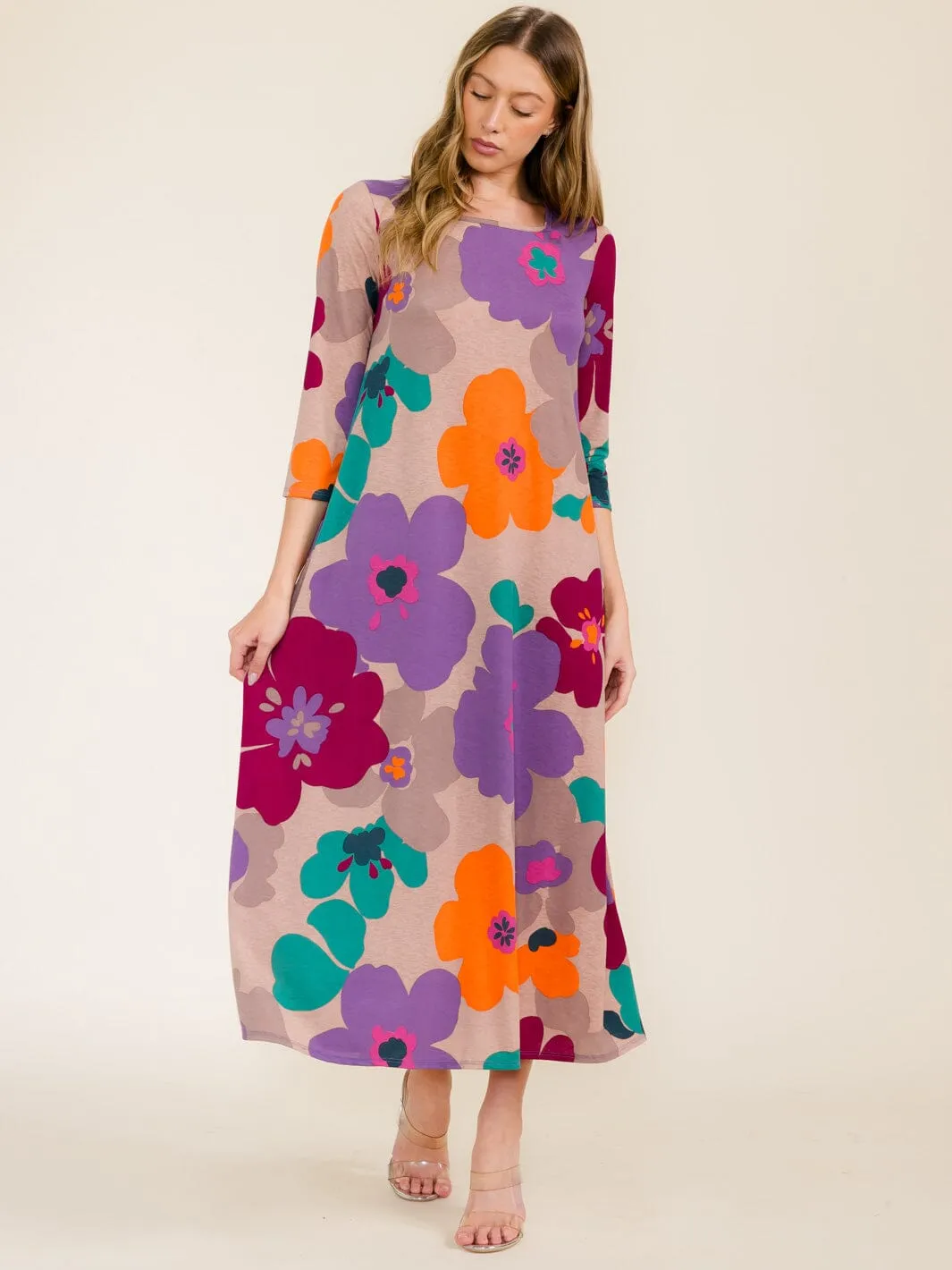 WOMEN'S 3/4 SLEEVE SQUARE NECK FRONT POCKETS FLOWER PRINT TUNIC MAXI DRESS