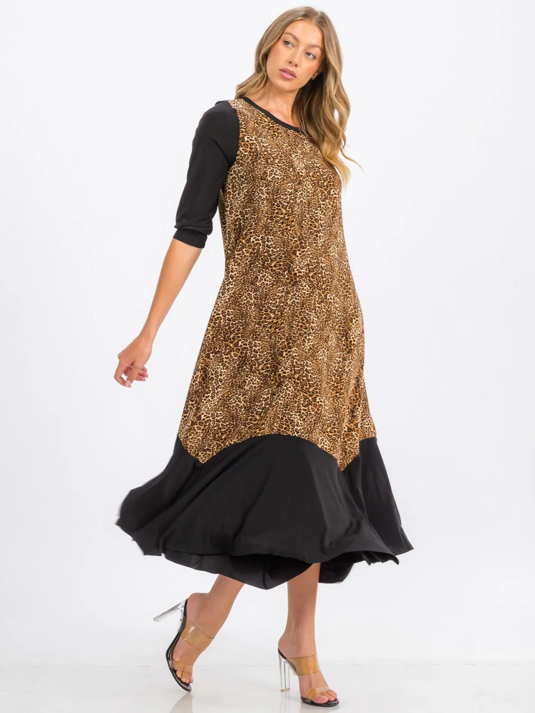 WOMEN'S 3/4 SLEEVE TUNIC FRONT POCKETS LEOPARD PRINT MAXI DRESS
