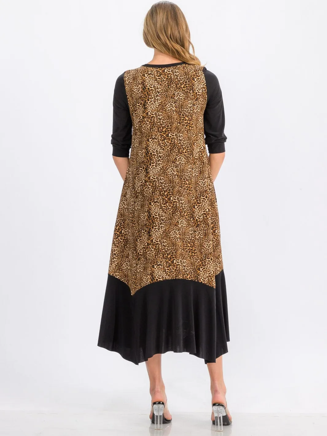 WOMEN'S 3/4 SLEEVE TUNIC FRONT POCKETS LEOPARD PRINT MAXI DRESS
