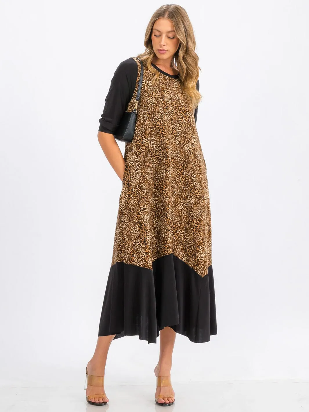 WOMEN'S 3/4 SLEEVE TUNIC FRONT POCKETS LEOPARD PRINT MAXI DRESS