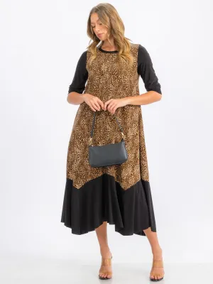 WOMEN'S 3/4 SLEEVE TUNIC FRONT POCKETS LEOPARD PRINT MAXI DRESS