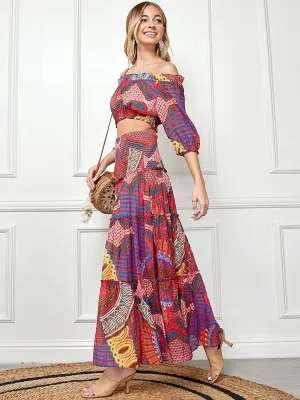 WOMEN'S 3/4 SLEEVES CROP TOP & MAXI SKIRT MULTI PRINT 2PC.SET