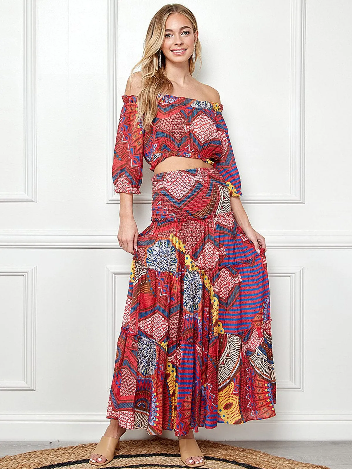 WOMEN'S 3/4 SLEEVES CROP TOP & MAXI SKIRT MULTI PRINT 2PC.SET