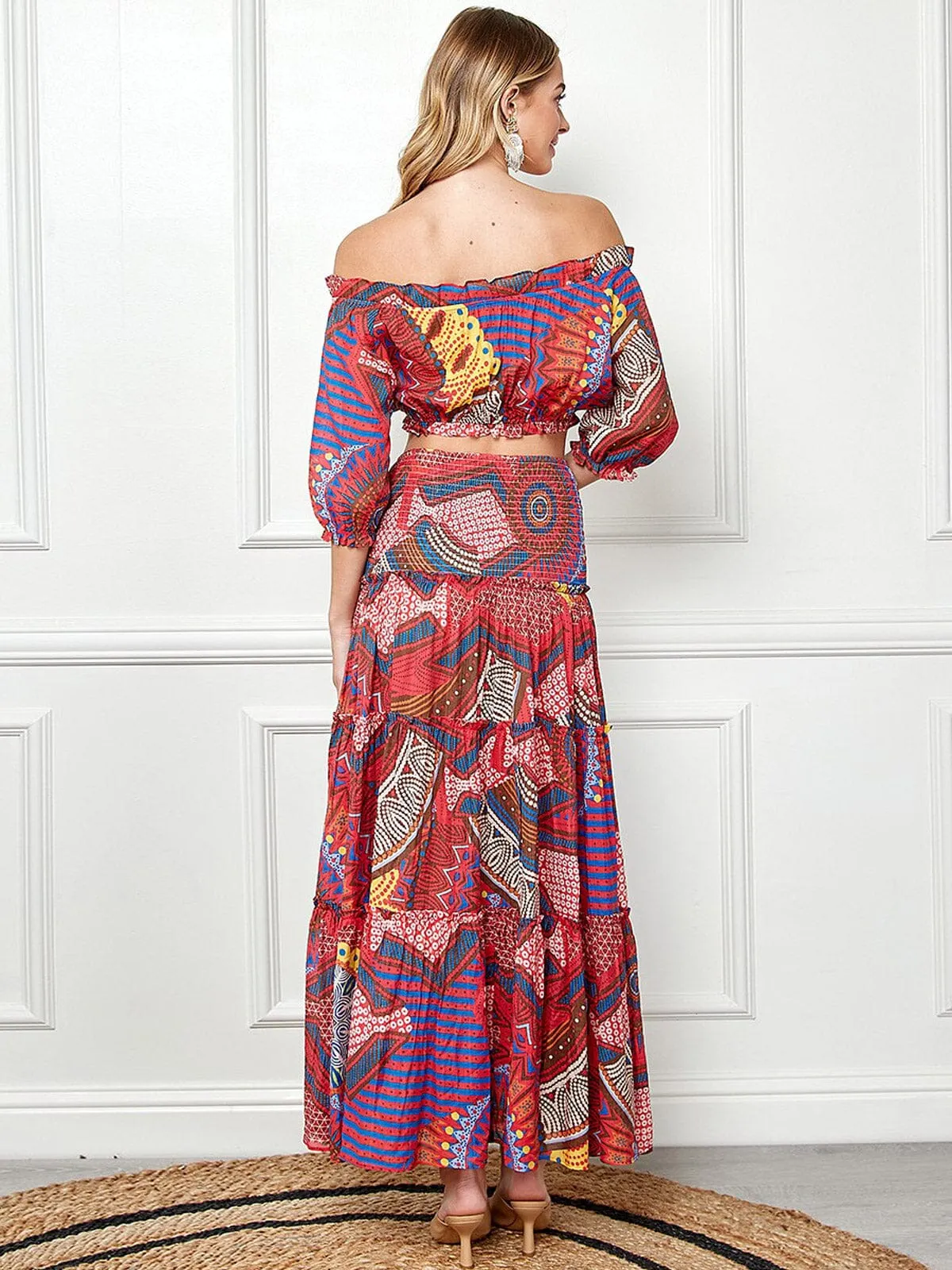 WOMEN'S 3/4 SLEEVES CROP TOP & MAXI SKIRT MULTI PRINT 2PC.SET
