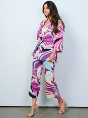 WOMEN'S BUTTON CLOSURE FRONT POCKETS MULTI PRINT CAPRI PANTS