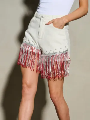 WOMEN'S BUTTON CLOSURE POCKETS DETAILED FRINGE SHORTS