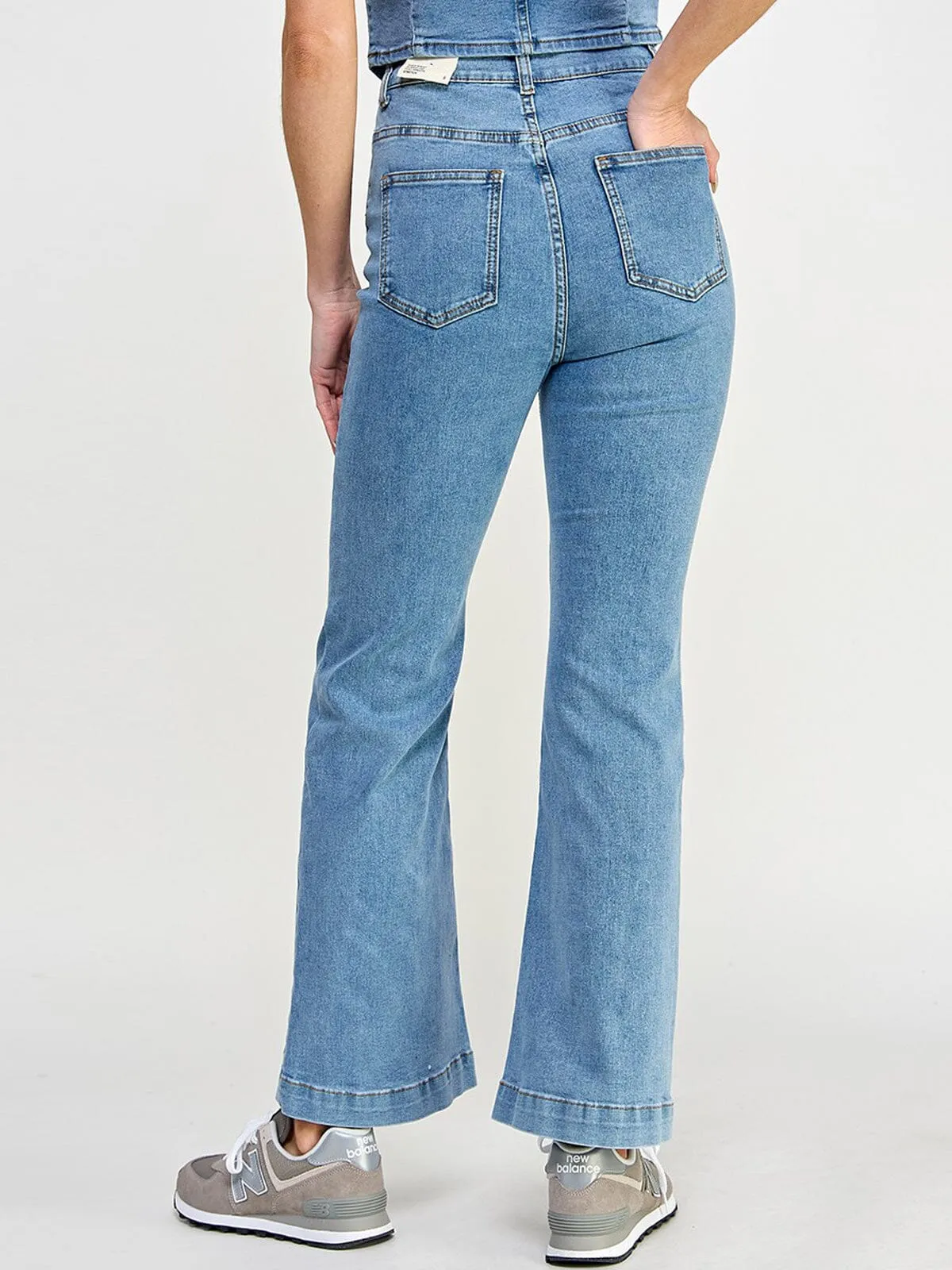 WOMEN'S BUTTON CLOSURE POCKETS WIDE LEG DENIM PANTS