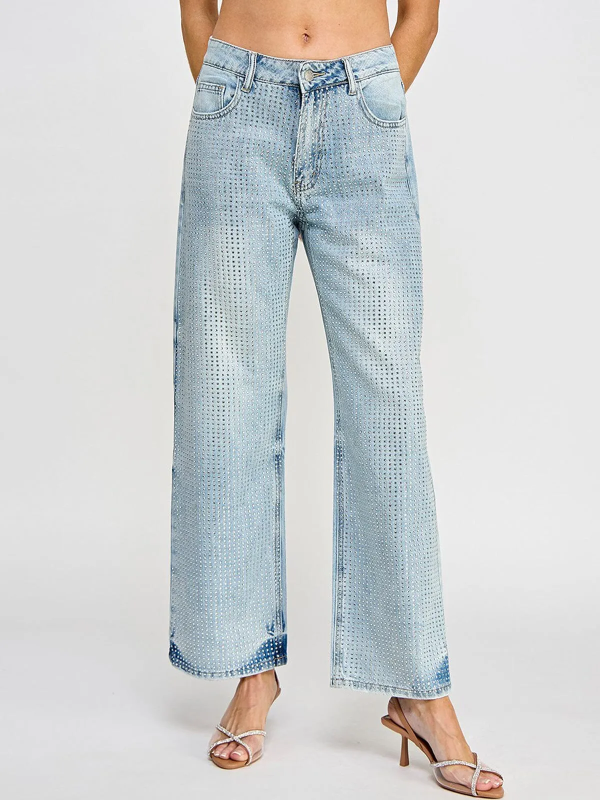 WOMEN'S BUTTON CLOSURE POCKETS WIDE LEG DENIM STUDS PANTS
