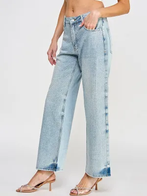 WOMEN'S BUTTON CLOSURE POCKETS WIDE LEG DENIM STUDS PANTS