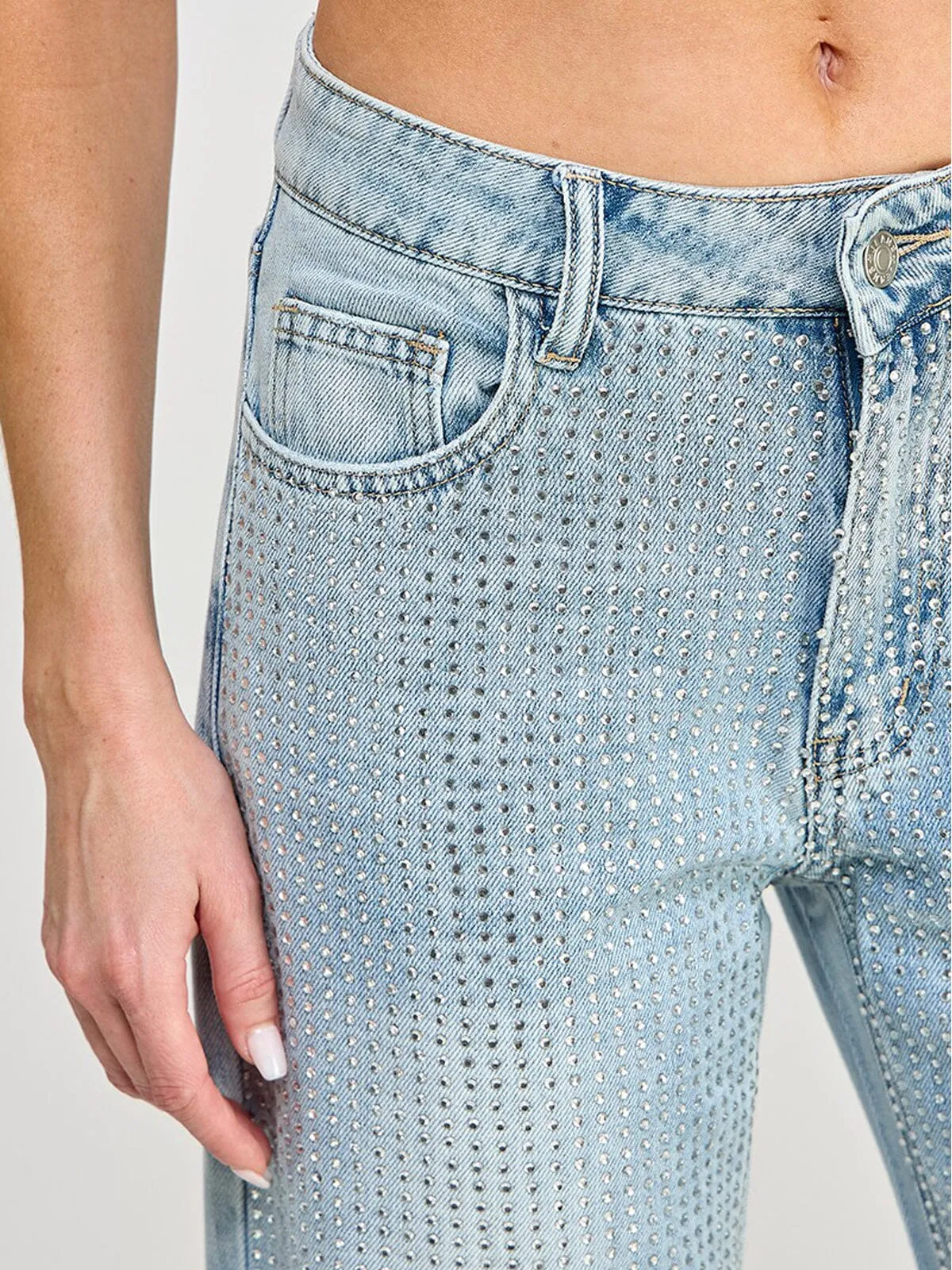 WOMEN'S BUTTON CLOSURE POCKETS WIDE LEG DENIM STUDS PANTS