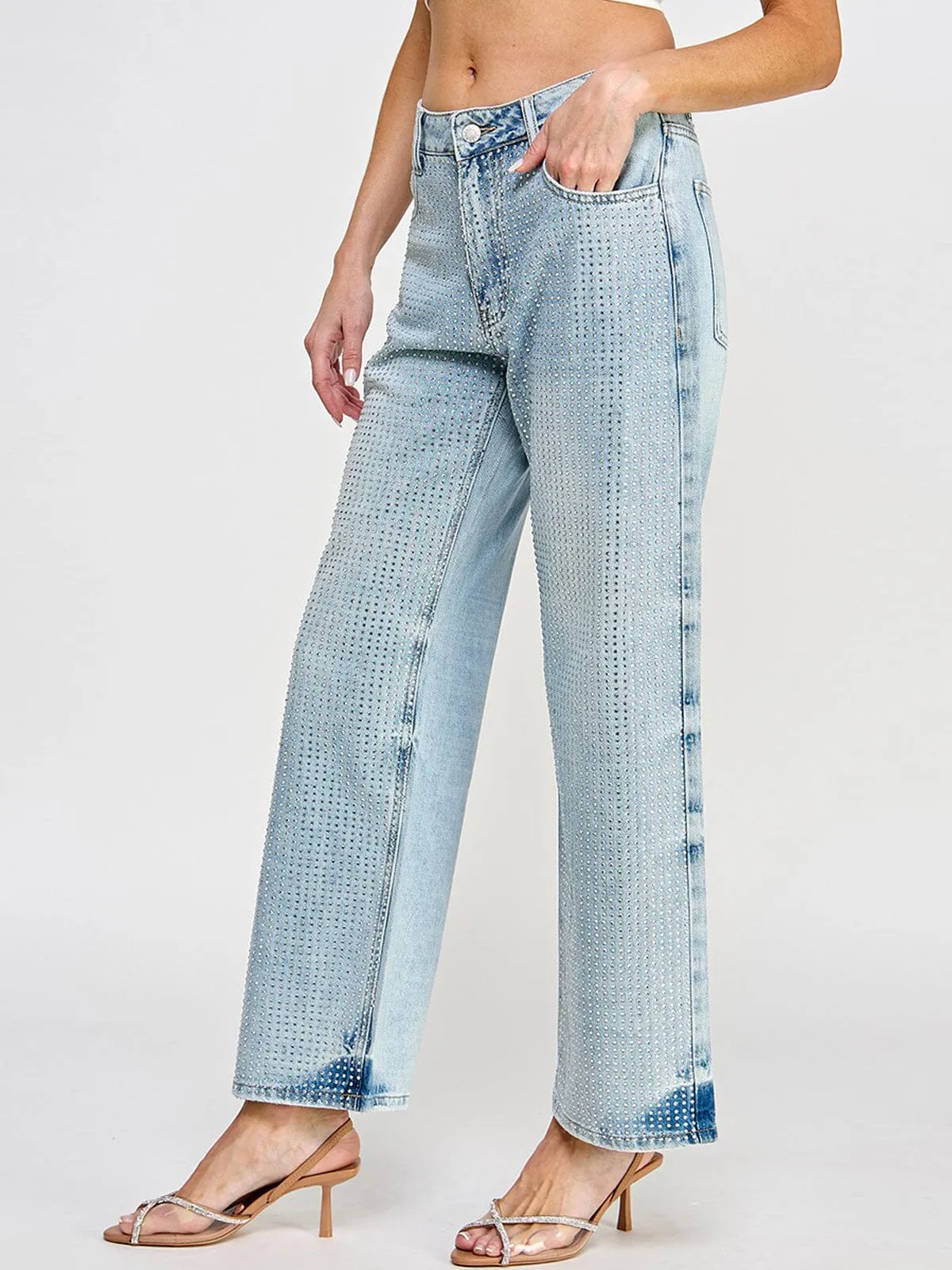 WOMEN'S BUTTON CLOSURE POCKETS WIDE LEG DENIM STUDS PANTS