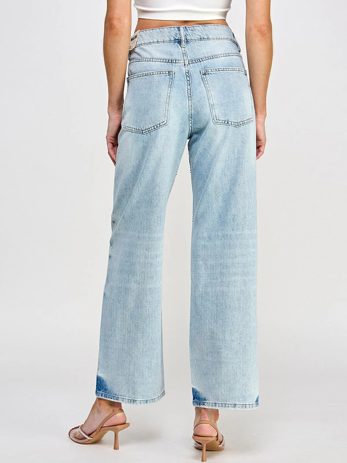WOMEN'S BUTTON CLOSURE POCKETS WIDE LEG DENIM STUDS PANTS