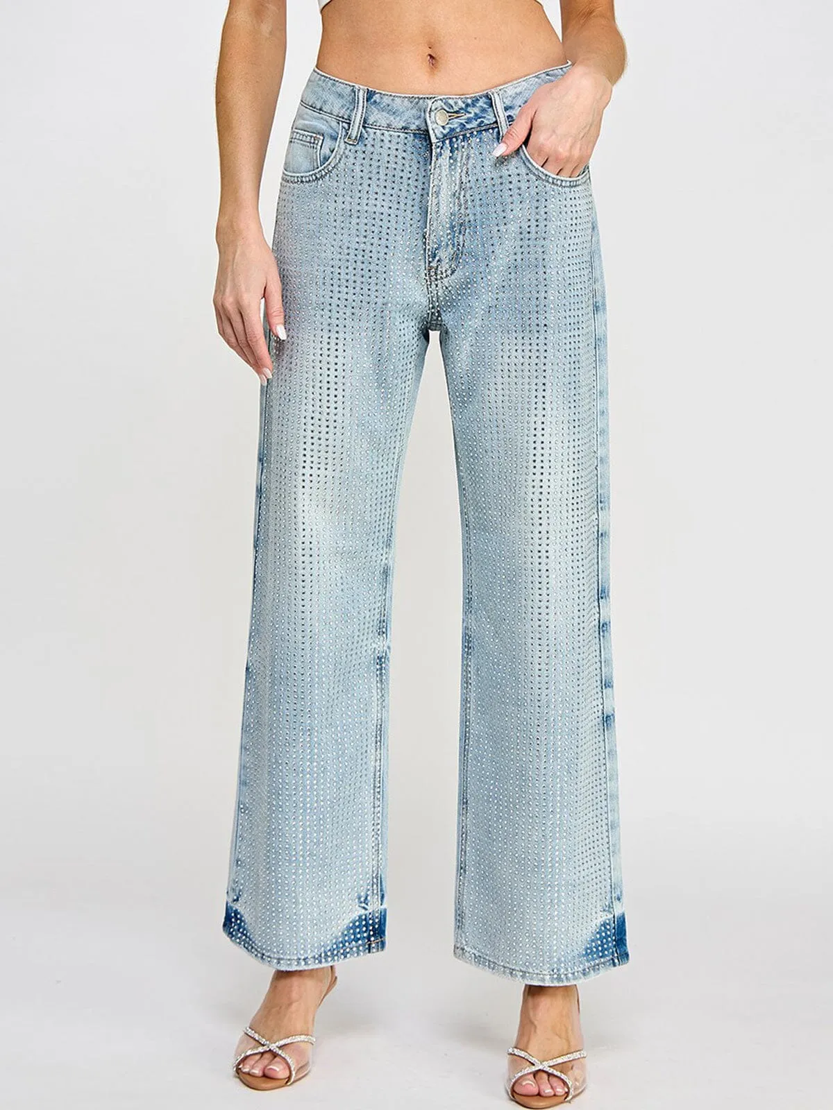 WOMEN'S BUTTON CLOSURE POCKETS WIDE LEG DENIM STUDS PANTS