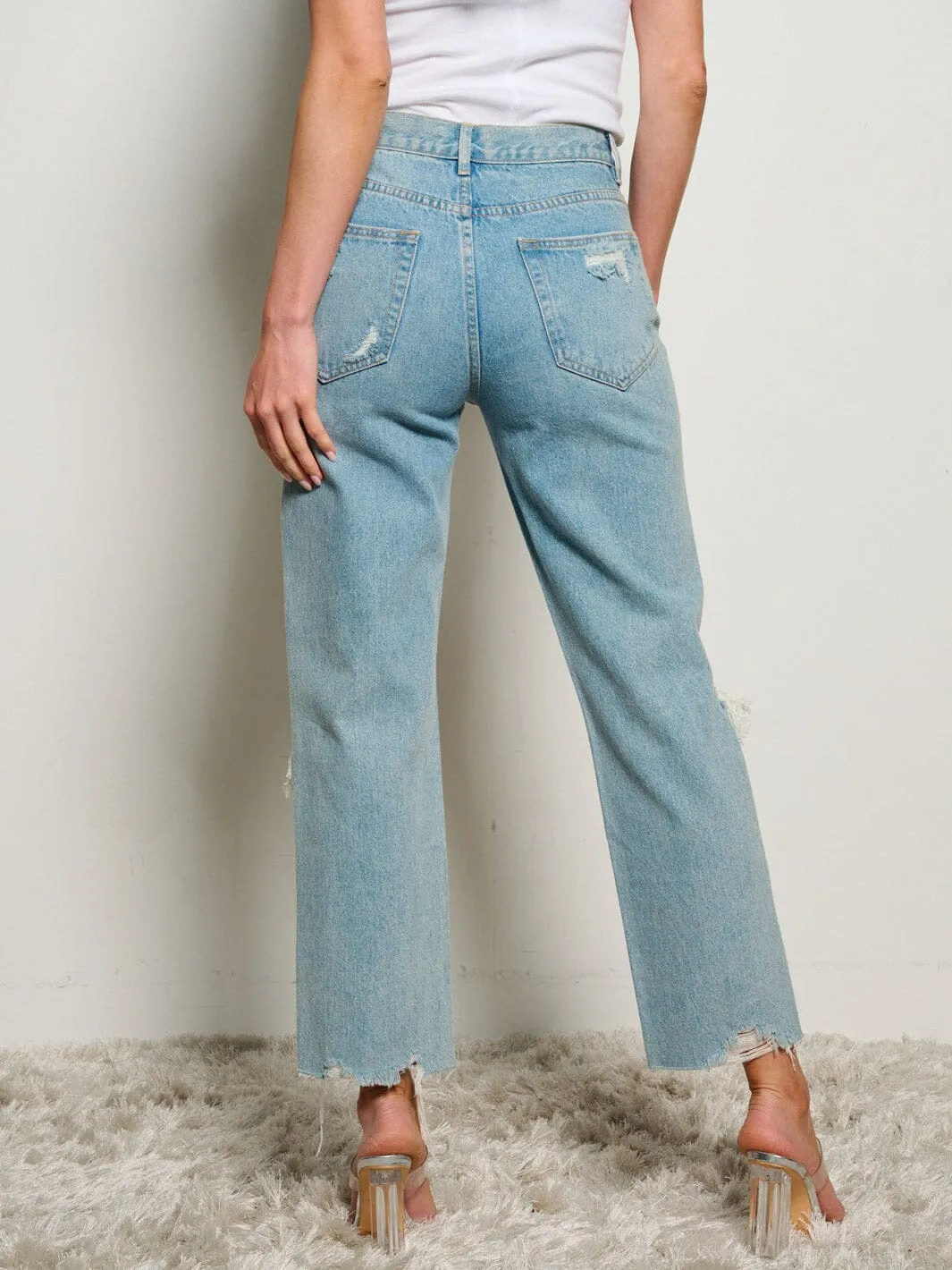 WOMEN'S BUTTON CLOSURE POCKETS WIDE LEG DISTRESS DENIM PANTS